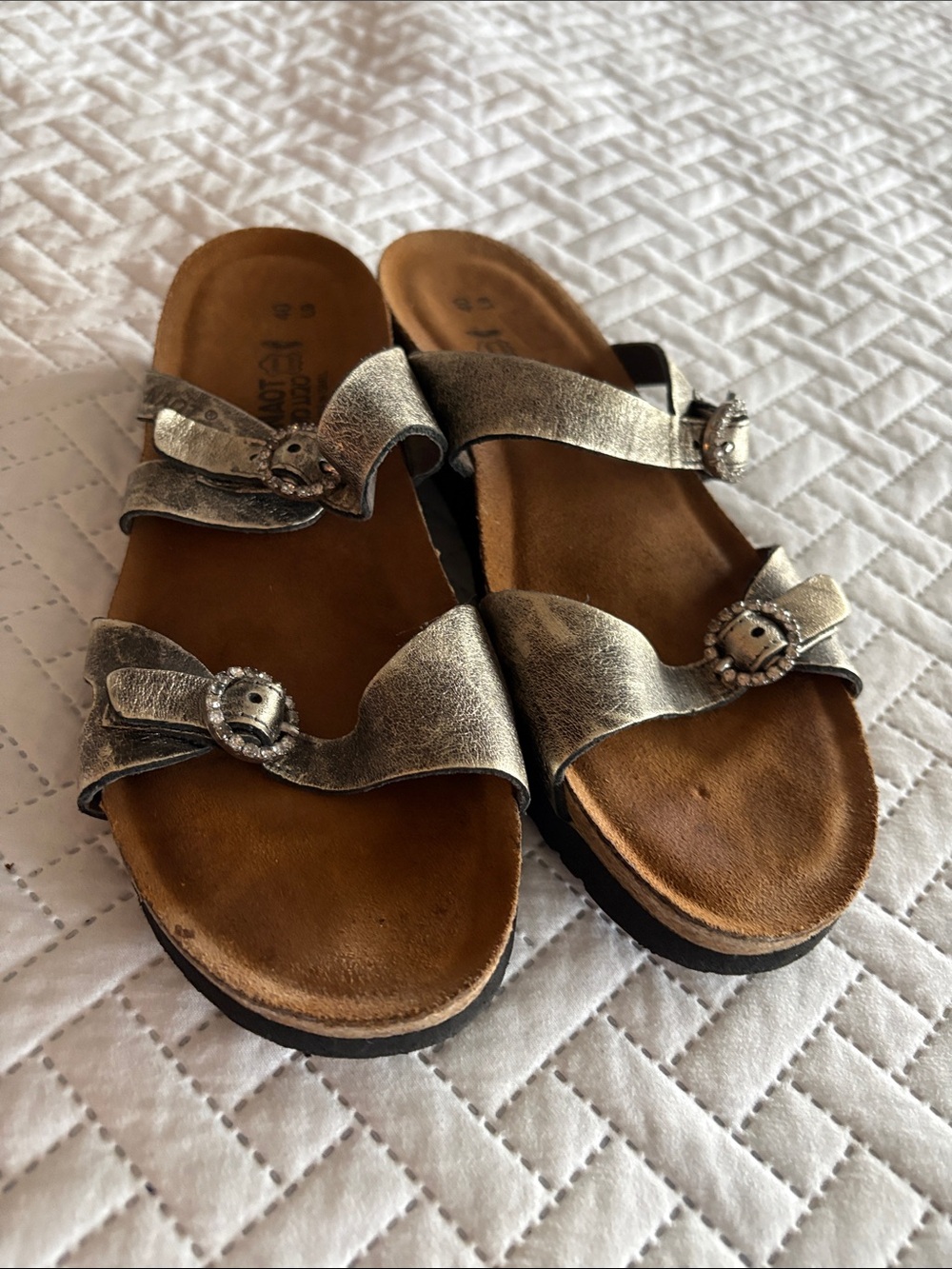 NAOT Metallic Silver Women’s Slide Sandals with Adjustable Straps
